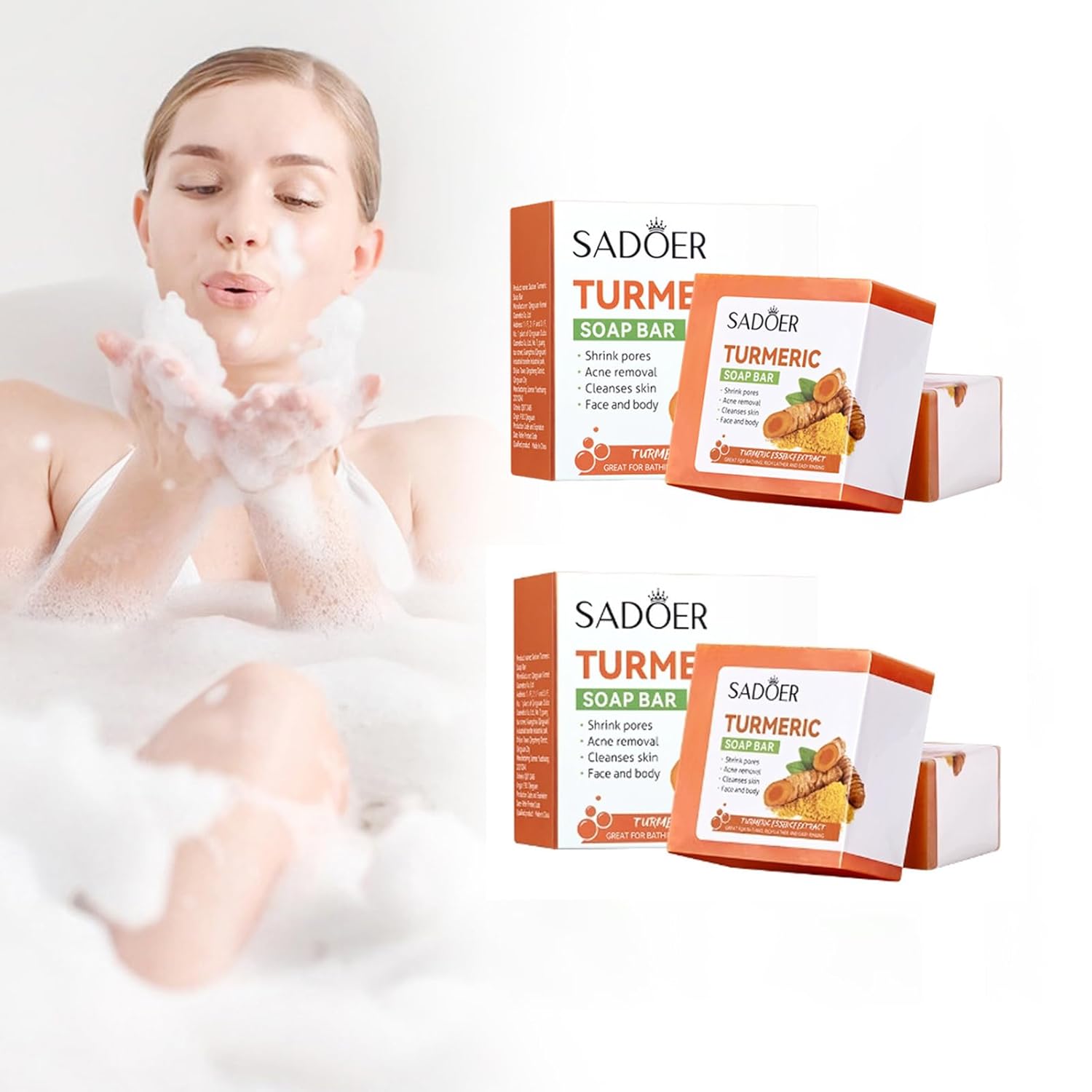 Sadoer Turmeric Soap Bar, Hydrating Turmeric Soap Bar Skin Care for Shower, Smoothing and Cleanses Skin Face Wash Soap Face Serum, Face Wash Oily Skin Bar Soap for Face and Body (2PcsSoap)