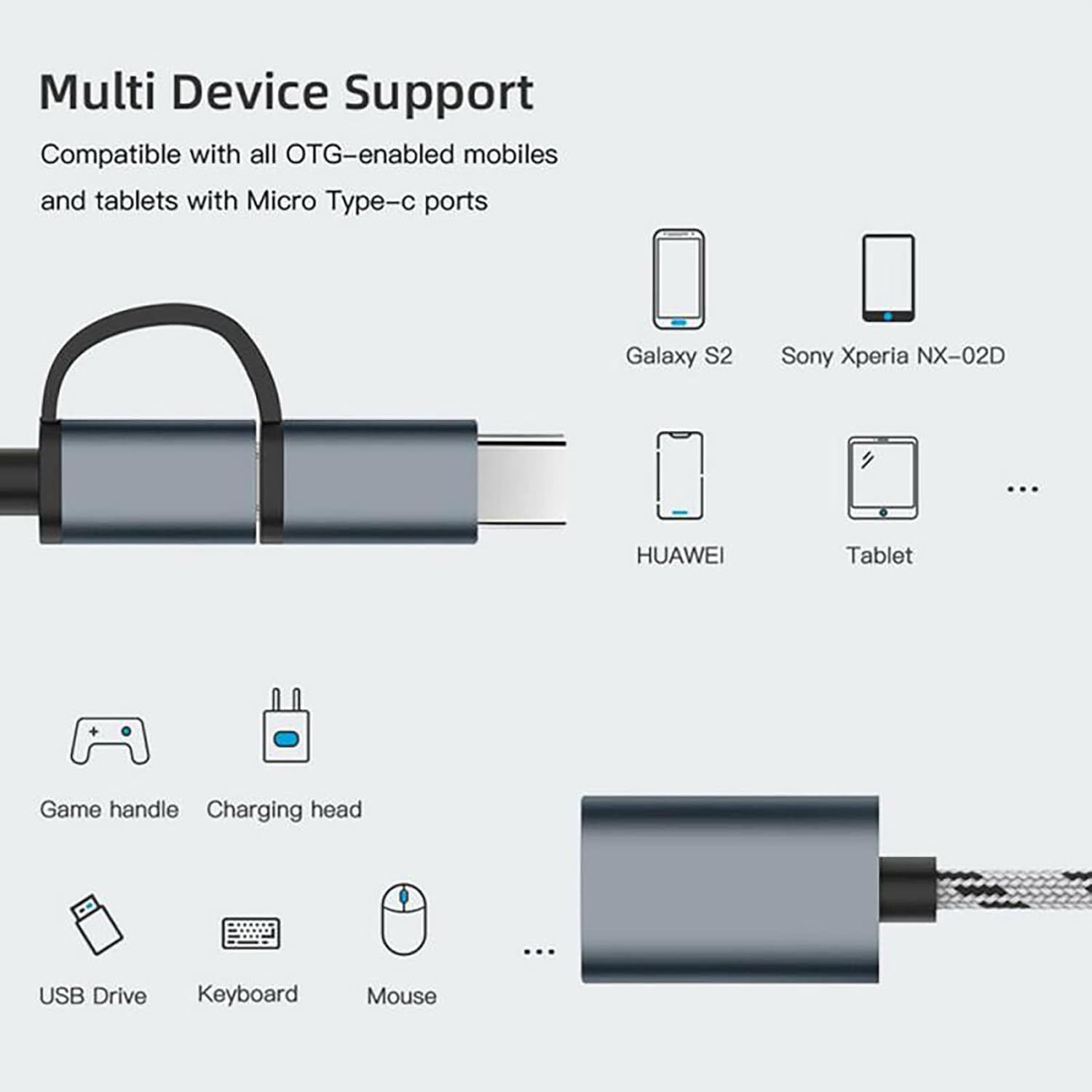 2-in-1 OTG Adapter, USB to Type-C & Micro USB Nylon Interface, Fast Transfer Connector, Cellphone Charging Line