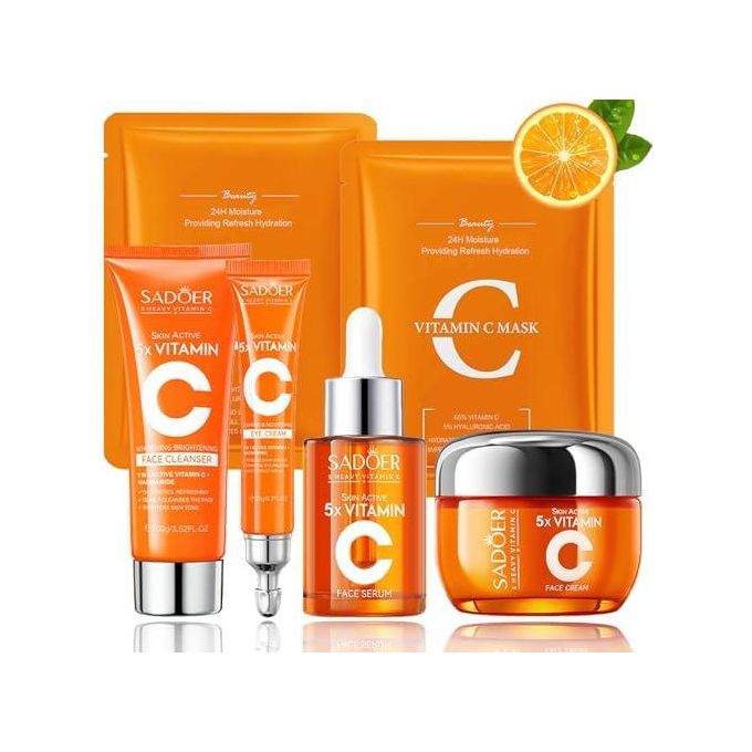 SADOER 5 x Vitamin C Skin Care Set, Skincare Routine Set, Facial Skin Care Products, Skincare Gift Set with Cleanser, Eye Cream, Serum, Cream,2sheet Mask, Anti-Aging Skin Care Kit for Firming & Hydrat
