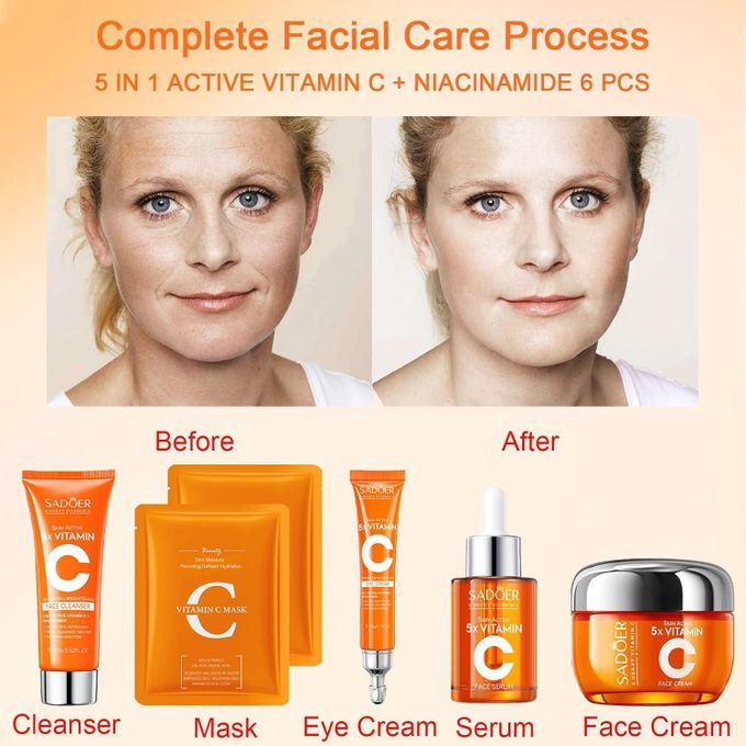 SADOER 5 x Vitamin C Skin Care Set, Skincare Routine Set, Facial Skin Care Products, Skincare Gift Set with Cleanser, Eye Cream, Serum, Cream,2sheet Mask, Anti-Aging Skin Care Kit for Firming & Hydrat