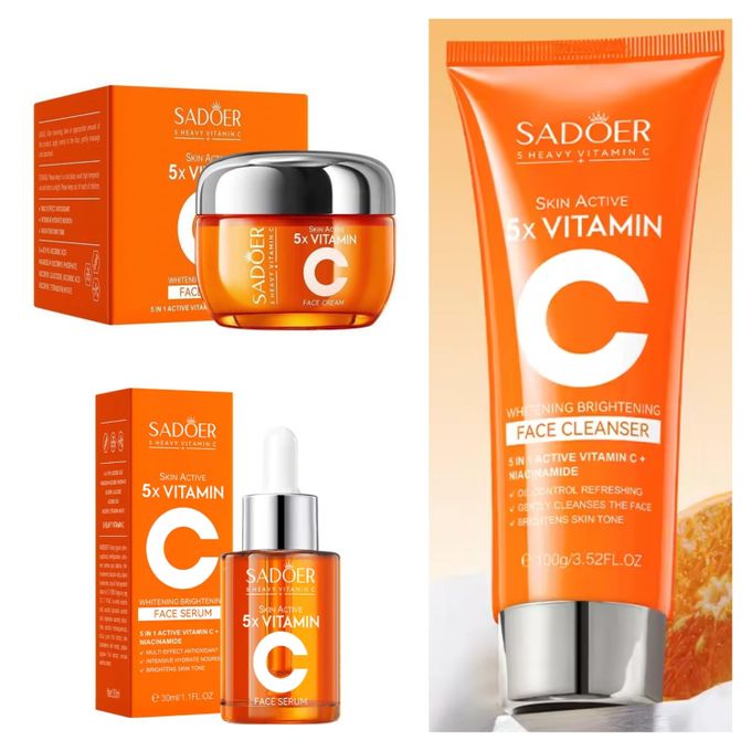SADOER 3 in 1, Vitamin C Serum + Vitamin C Face Cream + Vitamin C Face Cleanser, 5 x Vitamin C + Niacinamide Trio