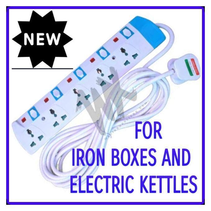 Power King Iron Box And Electric Kettle Support 5Way Power Extension-White/ Blue.