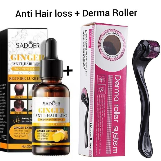 SADOER Ginger Anti Hair Loss + DERMA ROLLER Treatment Essence, Hair Growth Ginger Extract Beard Growth,Hair Growth, Anti Dandruffs Hair Moisturizing Hair Care Serum, Derma Roller Compliment In Anti Ha