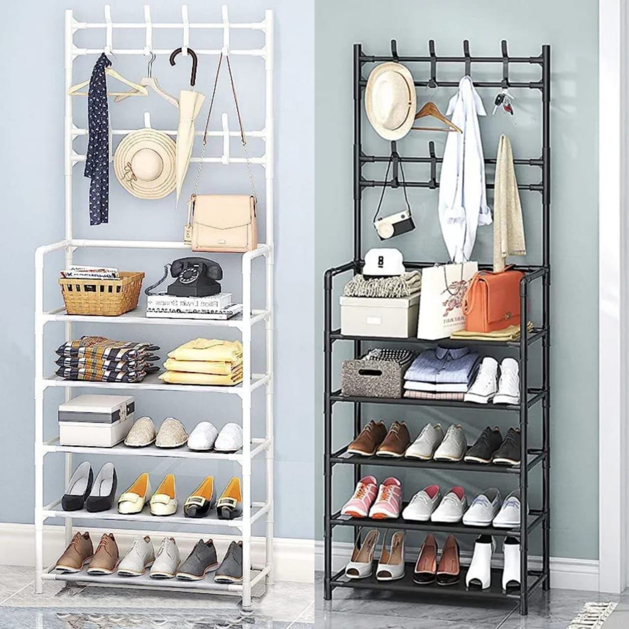 [ NEW ARRIVALS  ]All-In-1 Shoe Rack/Coat Rack/Cap Scarf Bag Cloths Hanger.✔Composed of high-quality iron tube and Non-woven fabric, which is strong and durable and can make your room no longer messy.