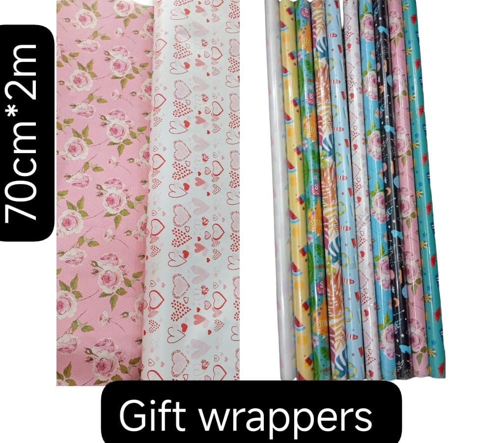 gift wrapping paper. 
Gift wrapping paper is a type of decorative paper used to wrap gifts for special occasions such as birthdays, holidays, and weddings. The rolls in the image have different patter