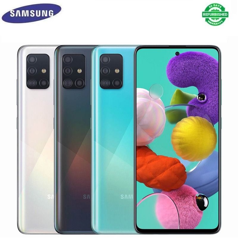 REFURBISHED SAMSUNG A51 4G 128GB ROM 6GB RAM DISPLAY 6.5 INCHES REAR CAMERA 48MP + 12MP + 5MP + 5MP FRONT CAMERA 32 MP BATTERY  CAPACITY 4000Mah WITH ACCESORIES