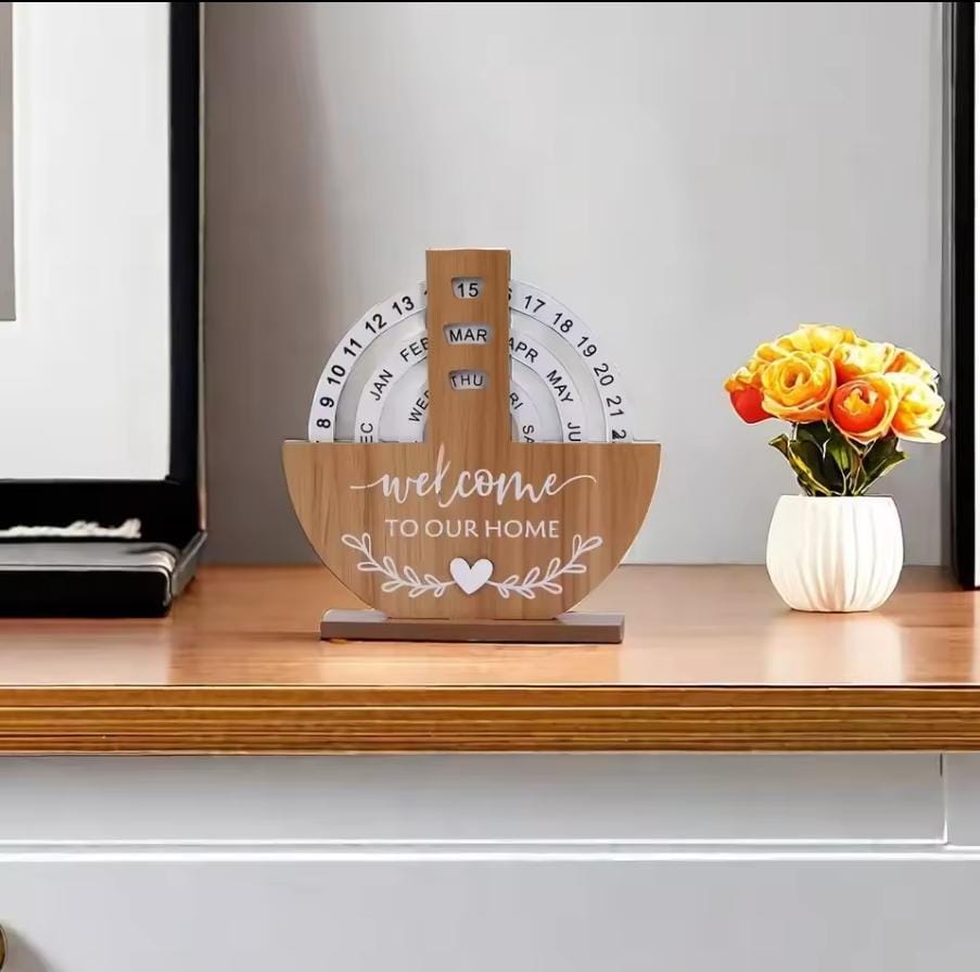 CALENDER. Wooden perpetual calendar. Use year after year without needing replacement. Rotatable blocks for day, date, and month. Adds a rustic, charming touch to your desk or shelf.