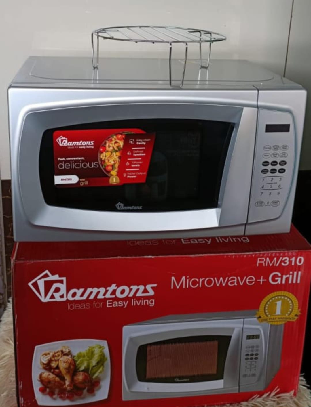 20 L RAMTONS (RM310) DIGITAL MICROWAVE OVEN WITH GRILL - 11 power levels & 6 auto menus, Digital LED display with touch controls, Grill rack included, Defrost by weight/time.