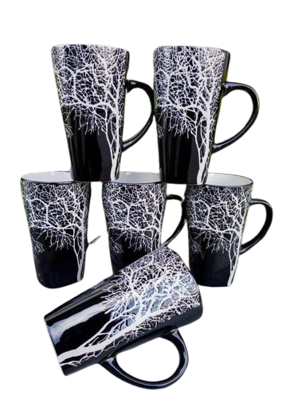 LARGE COFFEE| TEA MUGS, 6-Piece Long Black Tree Mugs Set – Elegant Ceramic Drinkware, Enhance your drinkware collection, Order now.