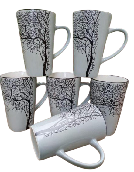 LARGE COFFEE| TEA MUGS, 6-Piece Long Black Tree Mugs Set – Elegant Ceramic Drinkware, Enhance your drinkware collection, Order now.