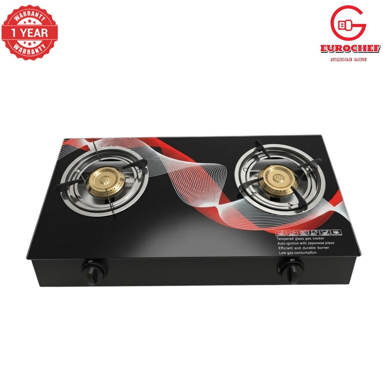 Eurochef 2-Burner Glass Top Cooker – Sleek & Efficient Tabletop Gas Stove, Stylish tempered glass top for a modern kitchen look, Compact tabletop design ideal for small kitchens or apartments.
