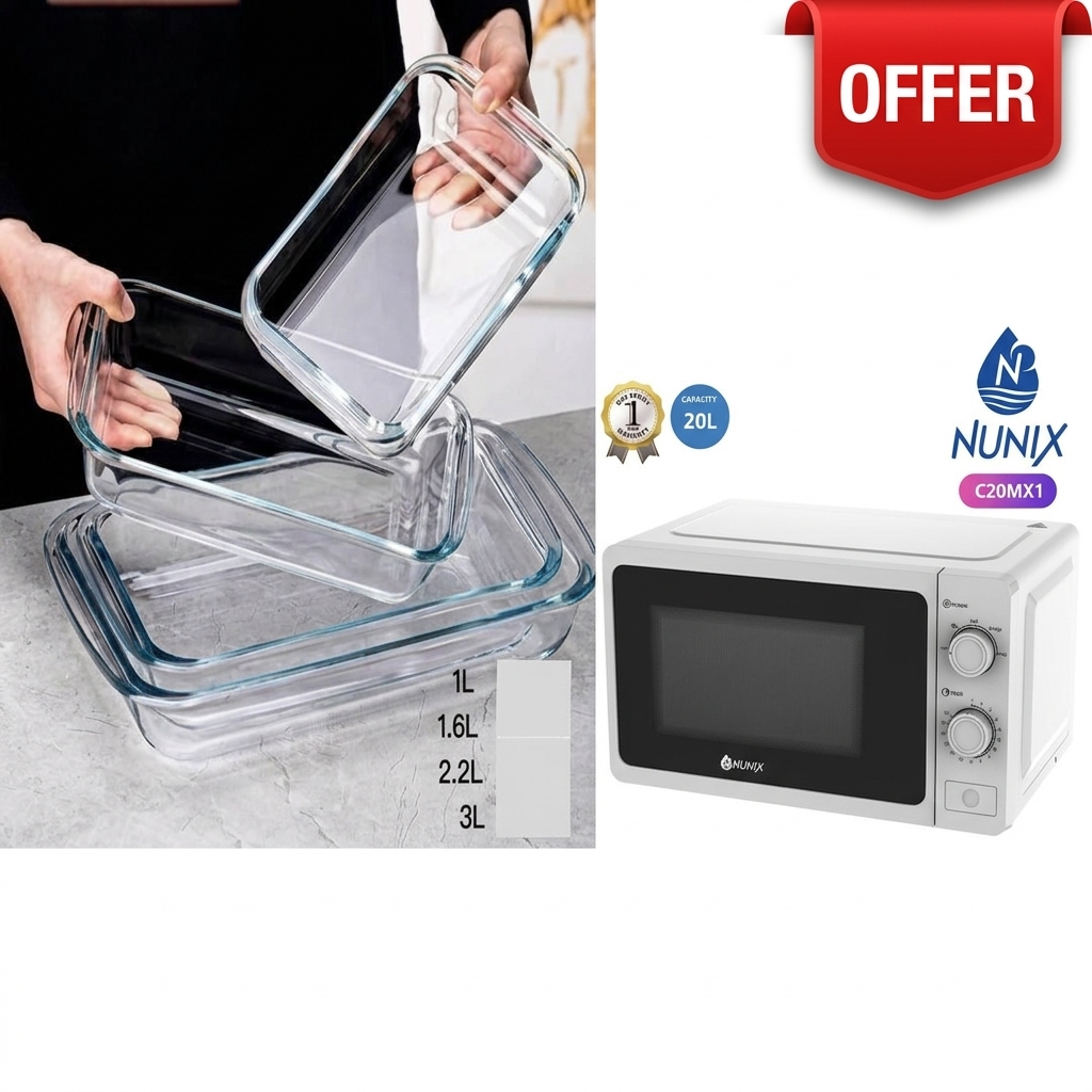 LIMITED TIME OFFER!! Nunix 20L Manual Microwave Oven With Grill (C20MX) + FREE 3PCS Borosilicate Baking Tins 2,2 L, 1.6L, 1L  – Cook, Grill & Bake