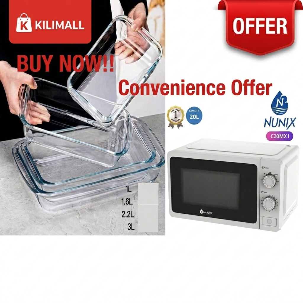 LIMITED TIME OFFER!! Nunix 20L Manual Microwave Oven With Grill (C20MX) + FREE 3PCS Borosilicate Baking Tins 2,2 L, 1.6L, 1L  – Cook, Grill & Bake