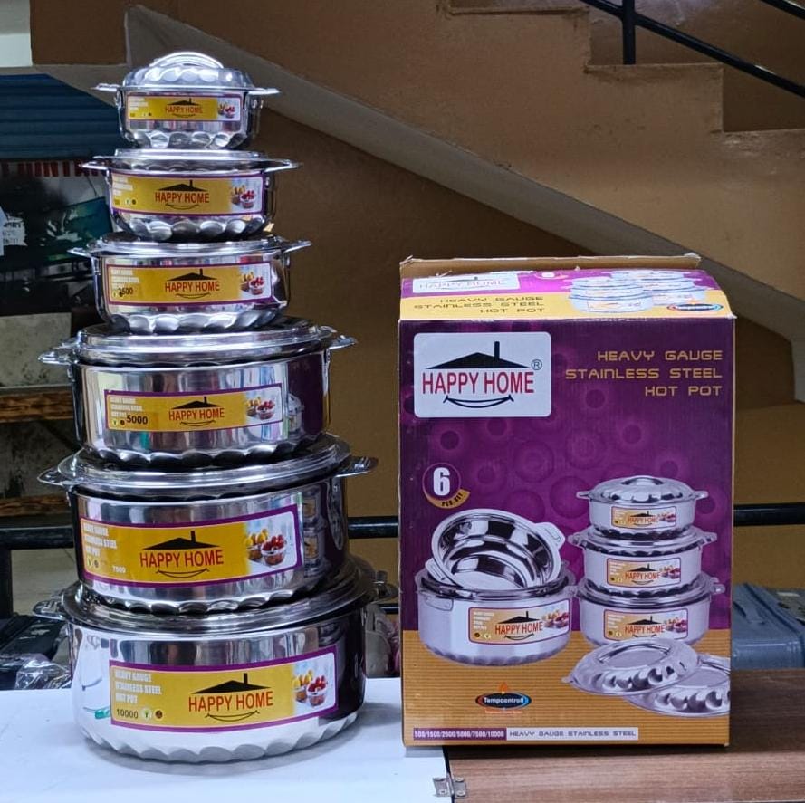 🎇✨ Elevate Your Kitchen with the Happy Home Stainless Steel Hot Pots - Set of 6! ✨Premium Quality: Constructed from heavy-gauge stainless steel for exceptional durability and longevity. 

✅ Even Heat