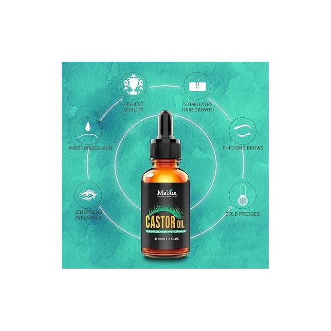 Mabox Castor Oil - 100% Organic Pure - Grow Eyelashes and Eyebrows 30ml. It strengthens and hydrates hair, stimulates growth, and helps reduce hair loss. Additionally, it deeply moisturizes the skin,