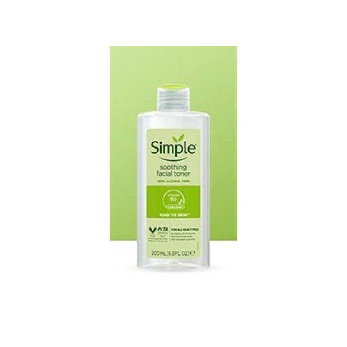 Simple Kind To Skin Soothing Facial Toner 200ml. 100% alcohol-free and pH balanced to refresh skin without drying it out. Enriched with Chamomile, Witch Hazel, Allantoin, and Vitamin B5. Soothes, soft