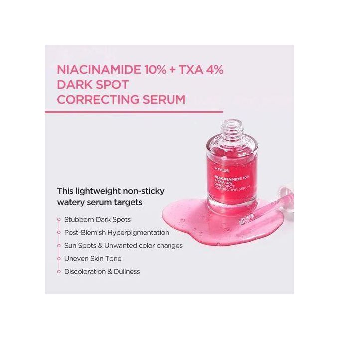 Anua Dark Spot Correcting Serum - Niacinamide 10% + TXA 4%- 30ml. educes the appearance of dark spots and hyperpigmentation. Lightweight Formula: Absorbs quickly without leaving residue. Suitable for