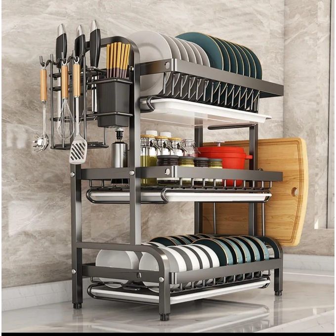 3 Tier High Quality Carbon Steel Dish Rack. Compartments can be arranged to suit your needs. Capable of holding quite a large number of dishes, utensils & cutting board. Made with heavy-duty stainless