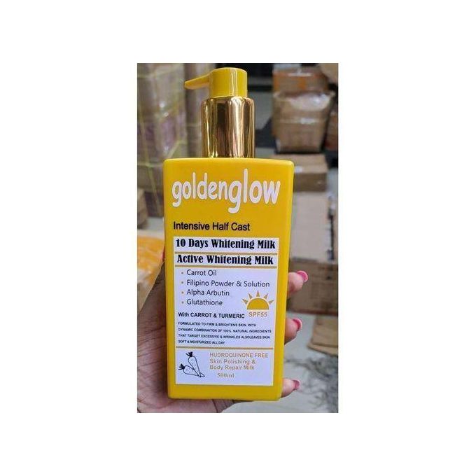 Golden Glow Intensive Half Cast 10 Days Whitening Milk with CARROT Oil & TURMERIC Body Lotion with Argan Oil, Alpha Arbutin & Glutathione. Removes Pimples, Wrinkles and Stretch mar 500ML. Antioxidant