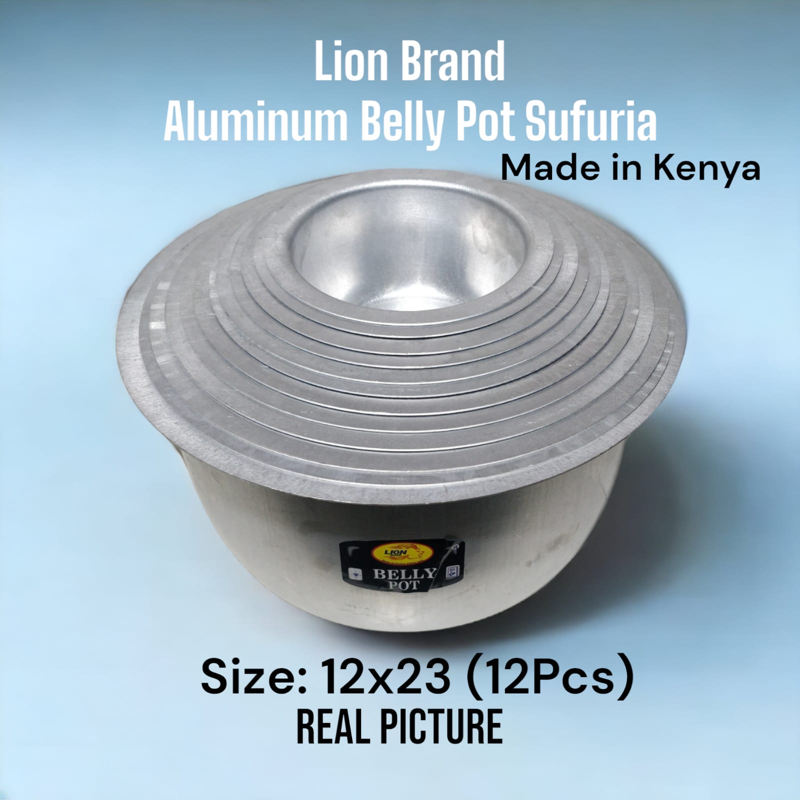 🦋Lion Aluminium brand Belly pot Sufuria a set of 8pcs🎇Stainless aluminum offers Excellent cooking performance. 
Ideal for open charcoal jiko or firewood cooking.
Durable and easy to clean
easy to wa