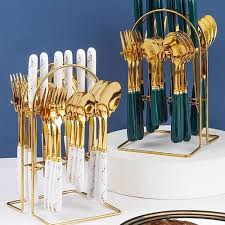 24-Piece Gilded Stainless Steel Flatware Set Handle with Ceramic,Kitchen Utensil Tableware Cutlery Set Service for 6, Steak Cutlery Set for Home and Restaurant