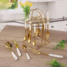 24-Piece Gilded Stainless Steel Flatware Set Handle with Ceramic,Kitchen Utensil Tableware Cutlery Set Service for 6, Steak Cutlery Set for Home and Restaurant