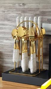 24-Piece Gilded Stainless Steel Flatware Set Handle with Ceramic,Kitchen Utensil Tableware Cutlery Set Service for 6, Steak Cutlery Set for Home and Restaurant