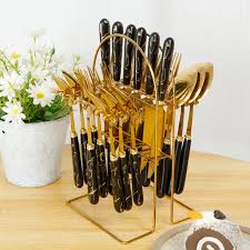 24-Piece Gilded Stainless Steel Flatware Set Handle with Ceramic,Kitchen Utensil Tableware Cutlery Set Service for 6, Steak Cutlery Set for Home and Restaurant