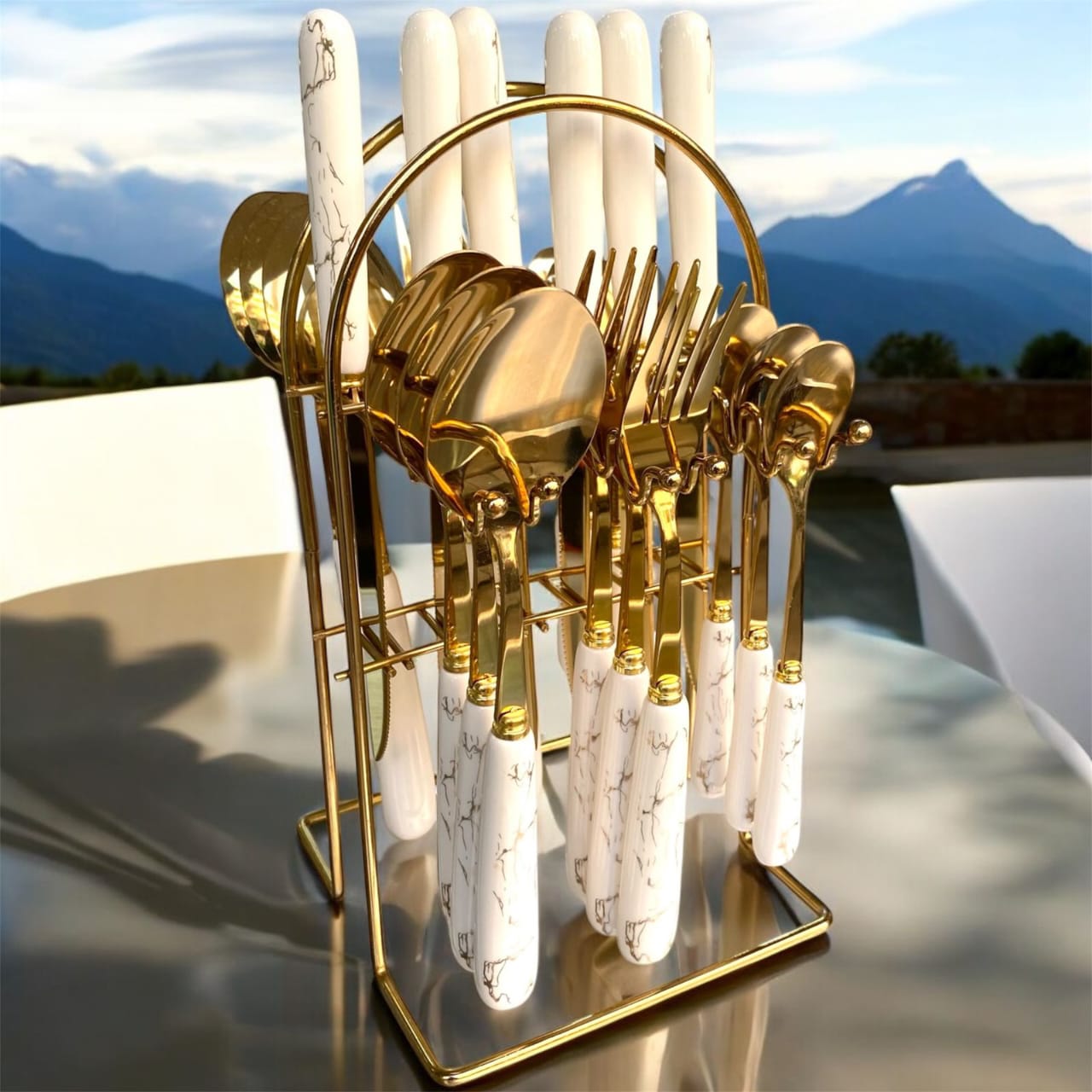 24-Piece Gilded Stainless Steel Flatware Set Handle with Ceramic,Kitchen Utensil Tableware Cutlery Set Service for 6, Steak Cutlery Set for Home and Restaurant