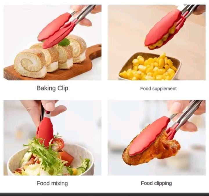 Cooking Tongs 1pc Grilling Tong Stainless Steel Silicone Cooking Grilling Barbecue Non-Stick Salad Cake Serving Clip