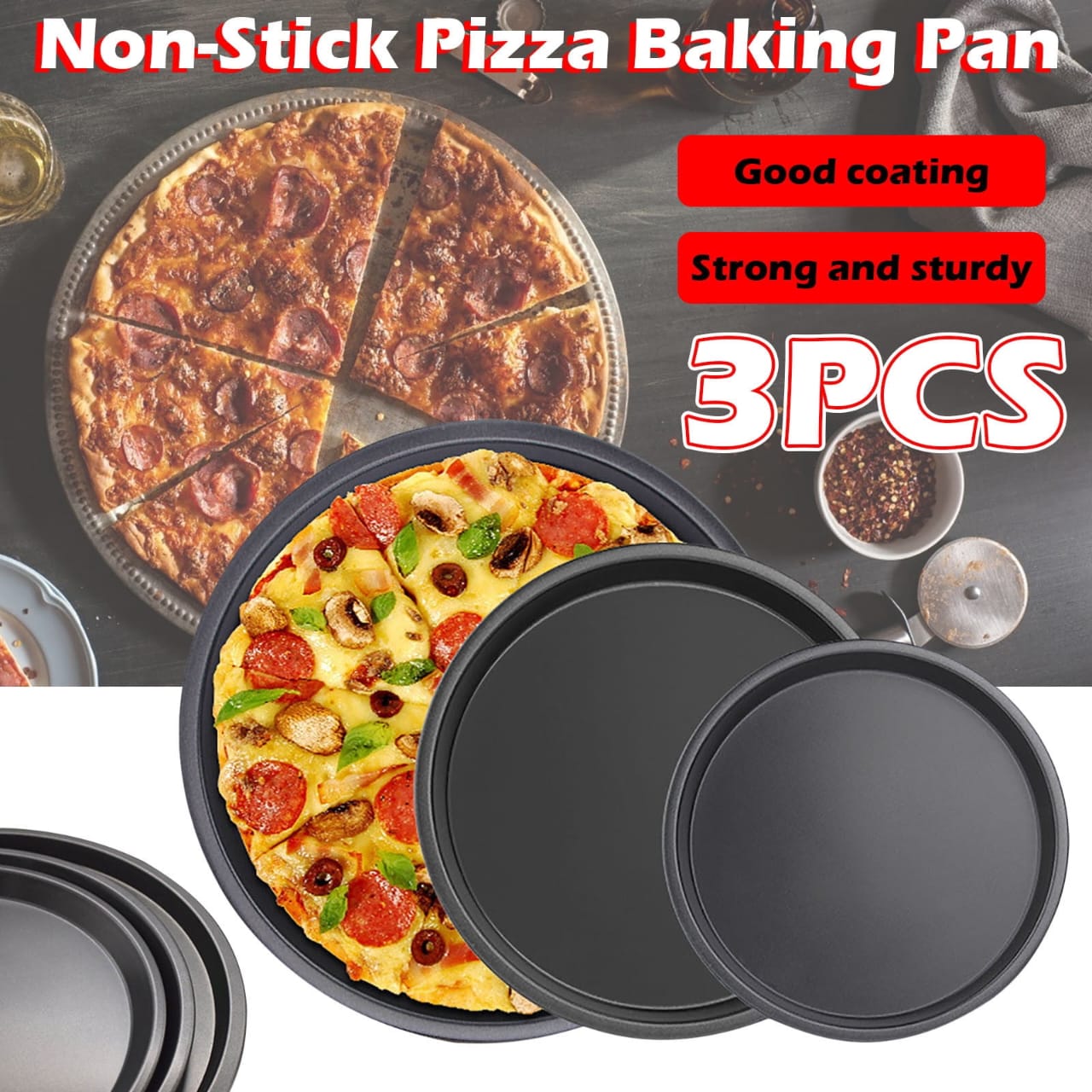 Pizza Pan Set of 3: made of heavy duty carbon steel with non-stick coating, perfect baking experience, easy to clean and non-stick