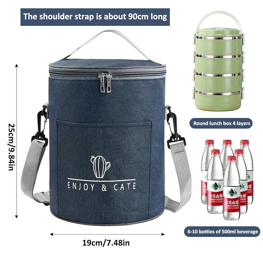 Insulated Round Lunch Bag, 9L Lunch Bag, Insulated Lunch Box, Portable Cooler for Meals, Work Bags, Insulated Soft Cooler, Lunch Box for School, Office, Picnic, Work