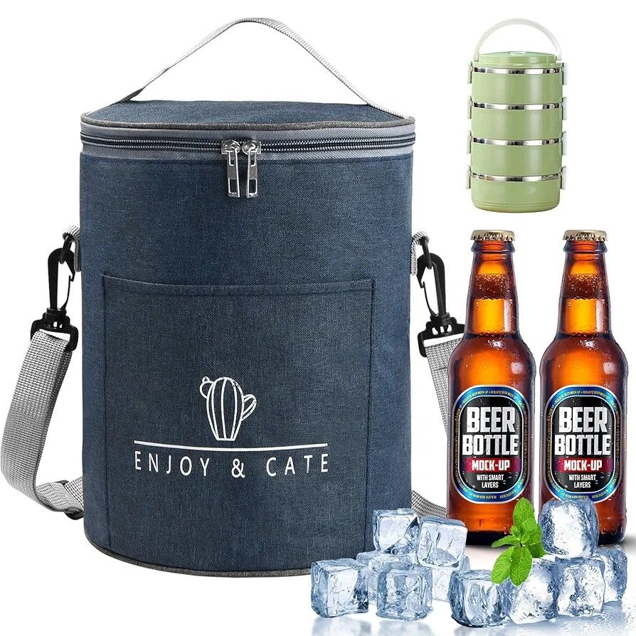 Insulated Round Lunch Bag, 9L Lunch Bag, Insulated Lunch Box, Portable Cooler for Meals, Work Bags, Insulated Soft Cooler, Lunch Box for School, Office, Picnic, Work