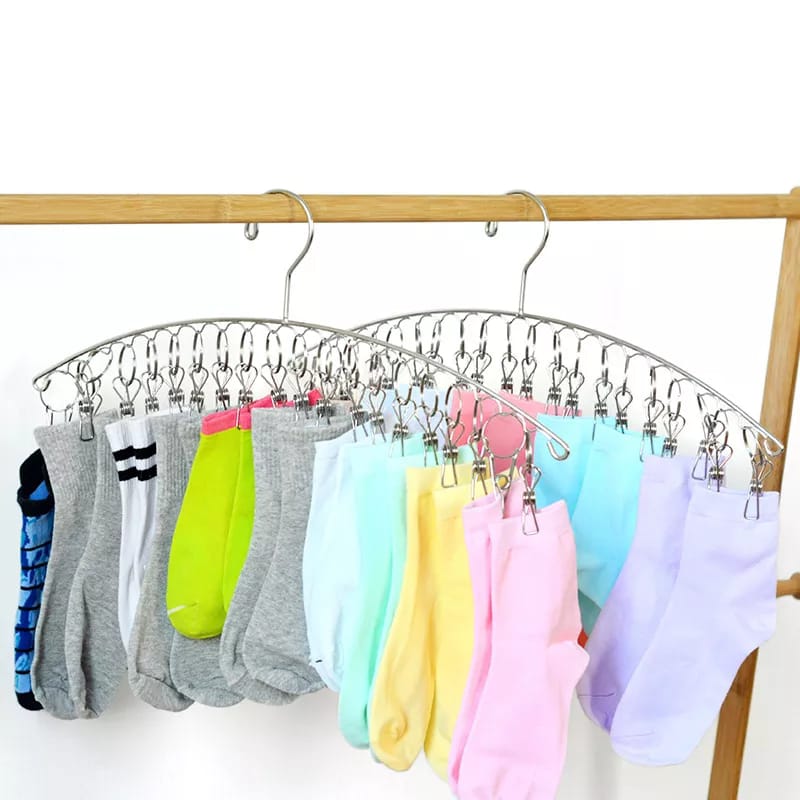 Stainless Steel Sock Drying Rack with 36 Clips, Swivel Hook Wind-Proof Clothes Hanger Rack for Sock, Bras, Underwear, Laundry Accessories