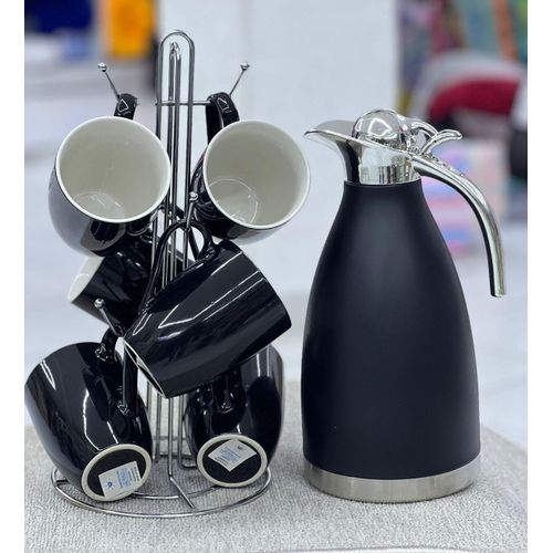 📍LATES OFFER📍🤑DONT MISS OUT 🤑LUXURIOUS Tea set Black flask,6black cups :high quality ceramic.This Combo has 2l Unbreakable Thermos and 6 Mugs. This flask has been crafted out of stainless steel to