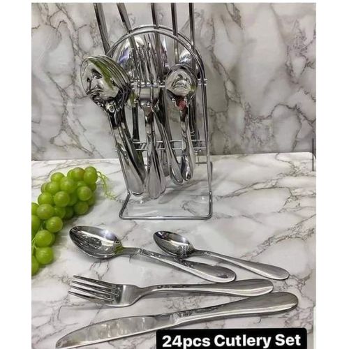 24Pcs Stainless Steel Cutlery Set with Holder For Home Kitchen And Daily Use.Material: Stainless Steel
Pattern: Solid 
Number of Pieces: 24 (6-table spoons, 6-tea spoons, 6-forks, 6-butter knives)
Dis