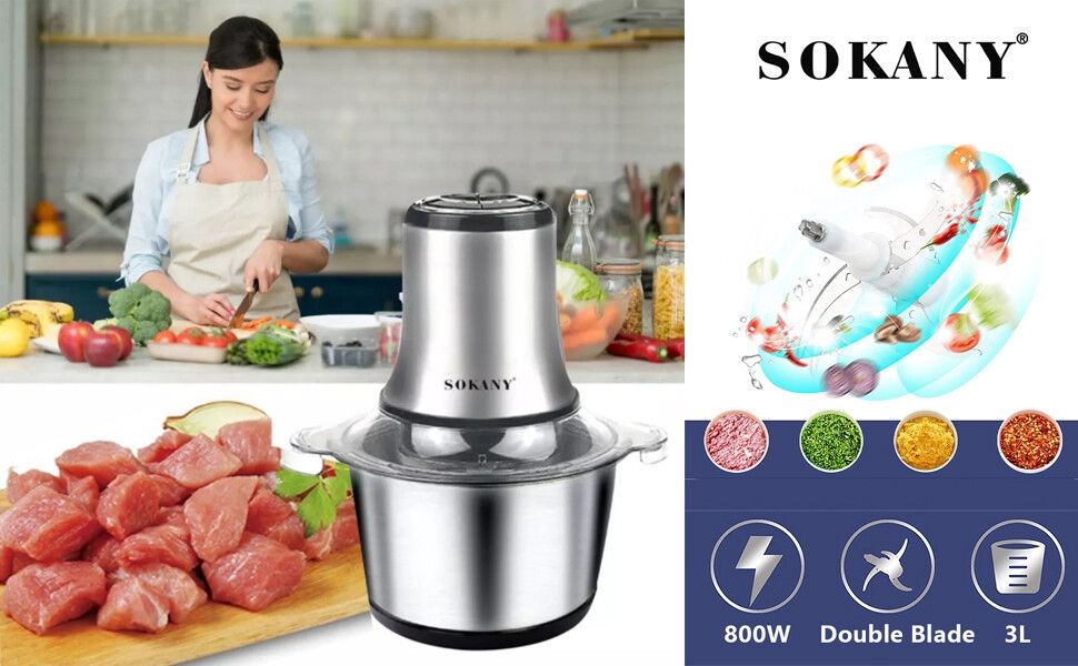 🤩AVAILABLE🦋Sokany 3L Food Processor, 800W Electric Meat Grinder Food Chopper With 2 Bi-Level Blades,2 Speed Kitchen Cutter For Vegetable, Onion, Garlic, Meat, Nuts, And Baby Food🤩