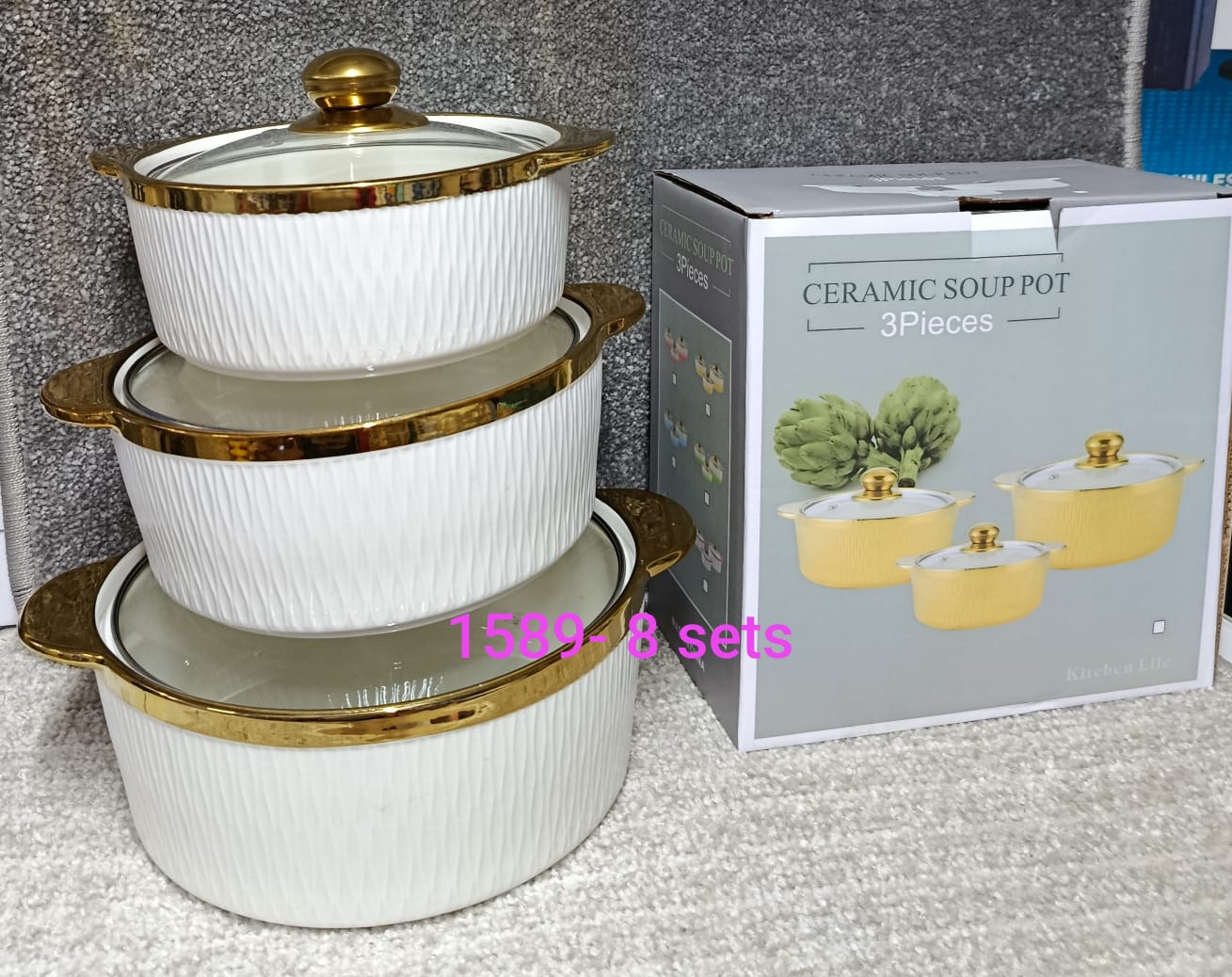 CASSEROLE SERVING BOWLS. 3 PCS Ceramic Casserole Serving Dishes, Comes With a Perfectly Fitting Lid, Complete With a Beautiful Gold Handle, to Keep Your Food Warm and Fresh.
