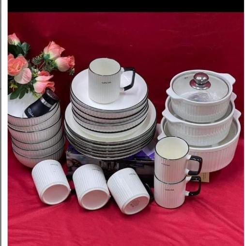 CONCISE DINNER SET. 28PCS Japanese Dinner Set. 6pcs 10.5Inch Ring Plates, 6pcs 9.5" Ring Plates, 6pcs Concise Mugs, 6pcs Soup Bowls, 3pc Ceramic Hotpots And 1pc Salt Shaker.