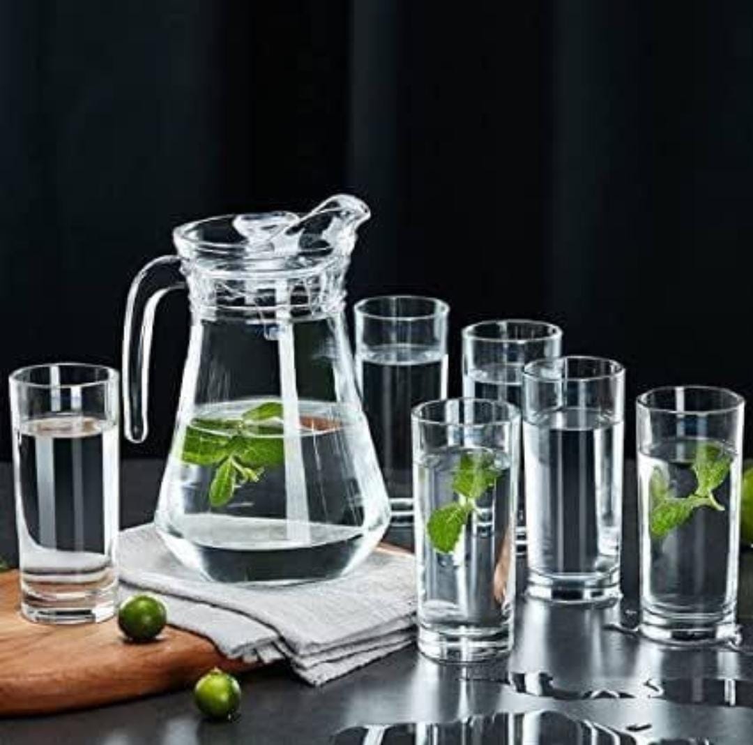 7PCS WATER SET. 1 Glass Water Jug With 6PC Set Drinking Glasses, Perfect For Serving Water, Juice, or Cold Drinks at Home or When Hosting Guests.