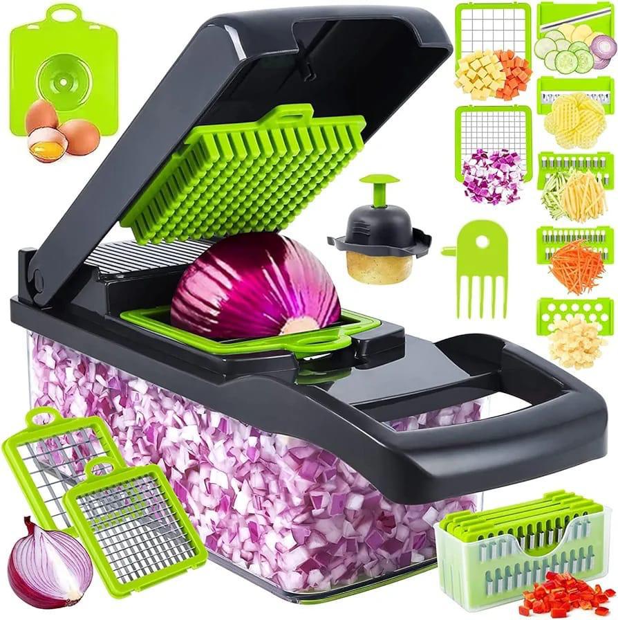 VEGETABLE SLICER. It includes interchangeable stainless steel blades for slicing, dicing, julienning, and grating various vegetables and fruits.