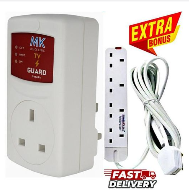 MK Automatic Voltage Regulator TV Guard for Power Control + FREE 4WAY POWER EXTENSION CABLE SOCKET WITH LONG CABLE