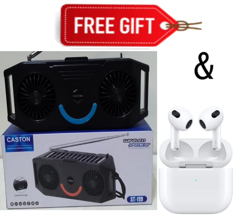 FLASH SALE DEALS!!! CASTON ST-119 WIRELESS BLUETOOTH SPEAKER+FREE AIRPODS (USB/TF Card, Lightweight, Portable, High quality, X Bass, FM Radio, Solar panel)Bluetooth speaker+Free Gift