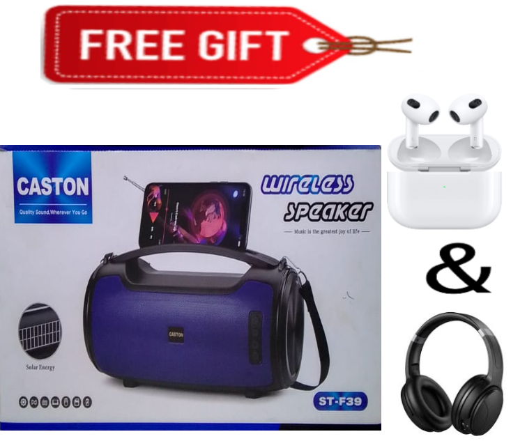 DISCOUNTED DEALS!!! CASTON ST-F39 WIRELESS BLUETOOTH SPEAKER+FREE AIRPODS & HEADPHONES (USB/TF Card, Lightweight, Portable, High quality, X Bass, FM Radio, Solar panel)Bluetooth speaker+Free Gift