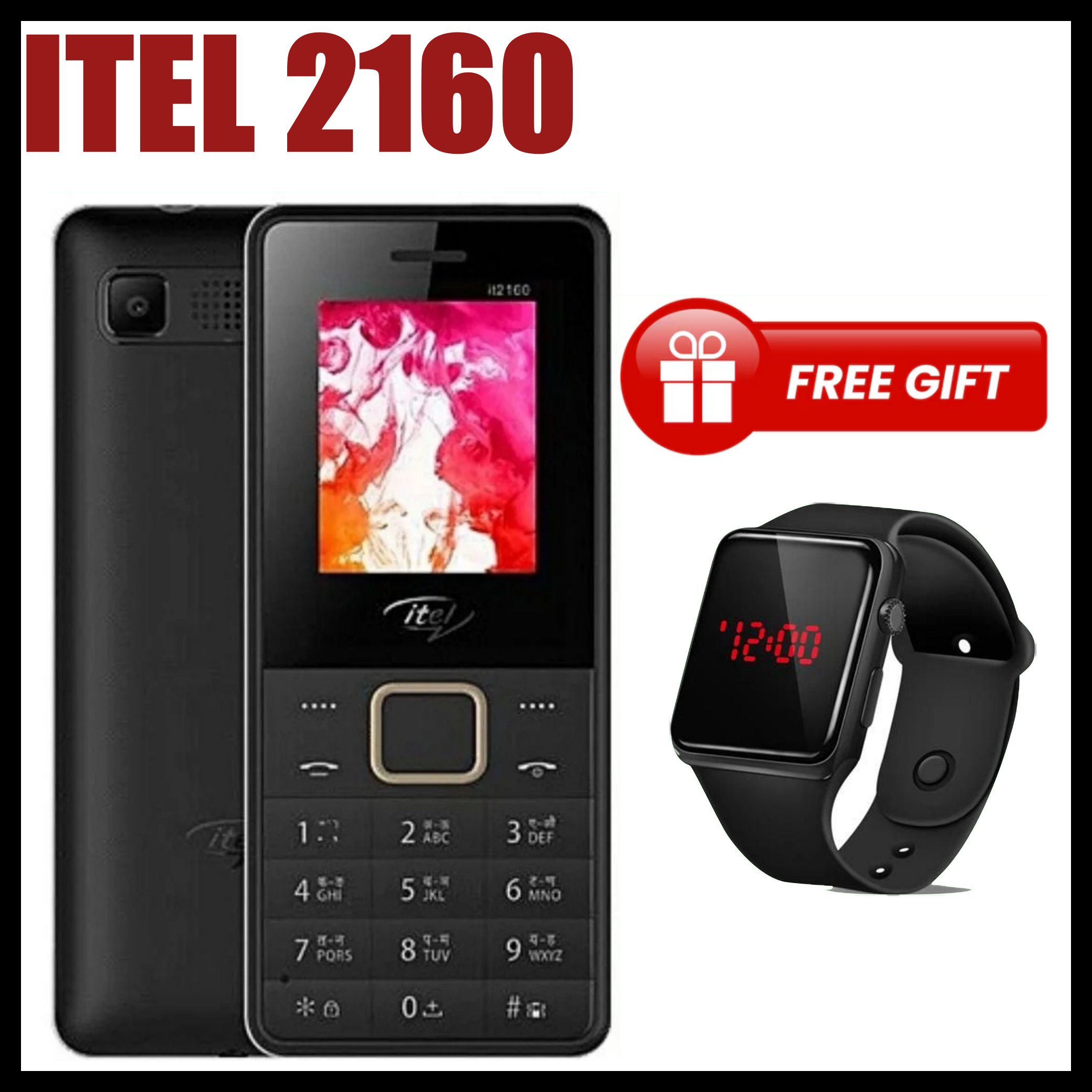 Itel 2160 1.77" Dual SIM Feature Phones kabambe Katululu Camera Torch 1000 MAh Battery wireless FM Button phone+FREE LED WATCH