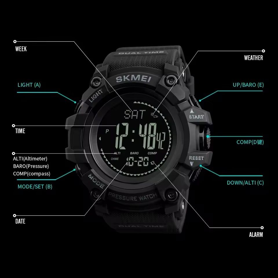 SKMEI Digital Unique wrist watch with Compass, Barometer, Thermometer, Pedometer, alarm, altimeter, Calendar and LED Light