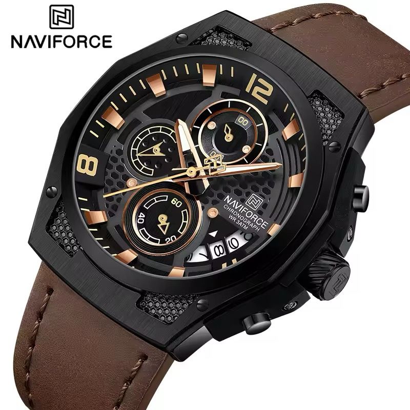 Naviforce Men's Chronograph Leather top luxury watch with calendar display and 30m water resistance