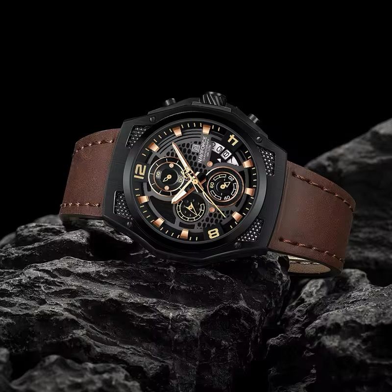 Naviforce Men's Chronograph Leather top luxury watch with calendar display and 30m water resistance