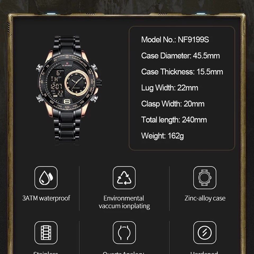 Naviforce Men Digital Analogue Dual Time 3ATM Water Resist Wrist Watch
