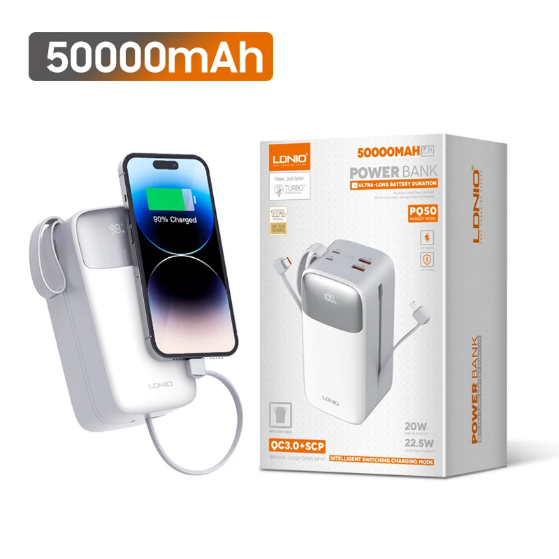 Ldnio Fast Charging Massive 50000 mAh Power bank with Type C and iPhone cables attached